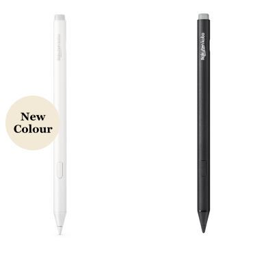 An image of both the black and new white versions of Kobo Stylus 2, showing the built-in eraser, highlighter button and smooth writing tip.